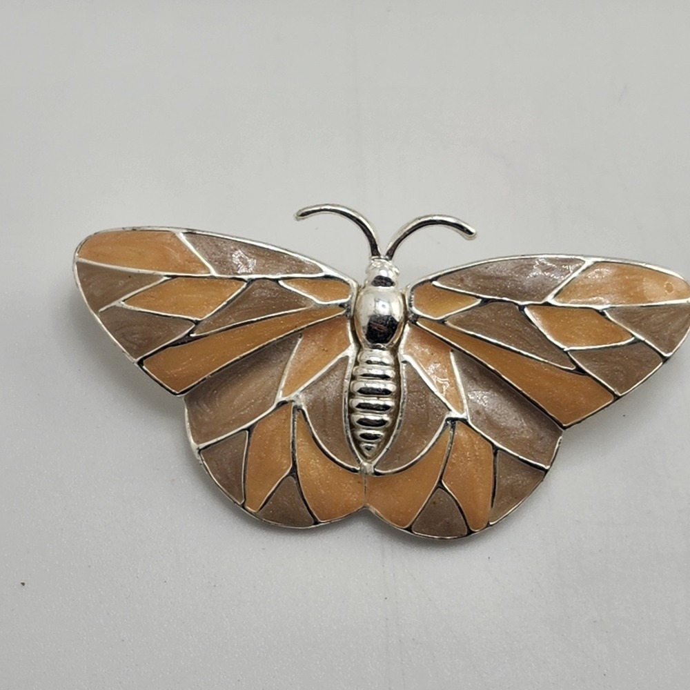 Silver Tone Brown And Orange Butterfly Brooch Pin